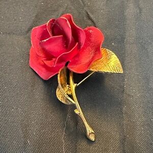 Vintage CERRITO Signed Red Satin Enamel 3D Rose Brooch Gold Tone